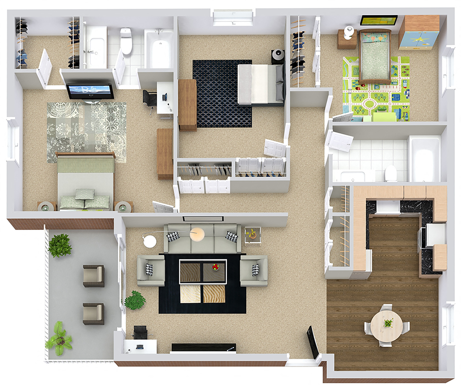Floor plan for 3 beds, 2 baths, 1243 sqft